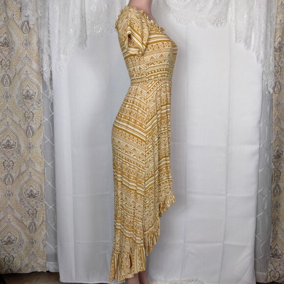 Western Style Mustard Yellow High Low Dress with buttons Ruffle hemline - Picture 2 of 16
